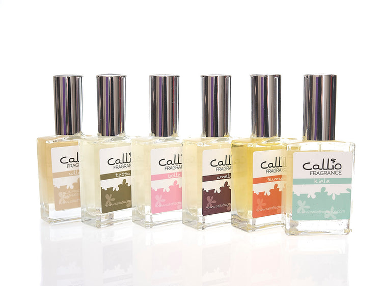 Callio Fragrance one-ounce bottles of perfume on a white background.