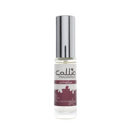 Image of a travel-size bottle of Amelia Perfume by Callio Fragranceon a bright white background. The perfume includes notes of blackberry, rose, and vanilla.