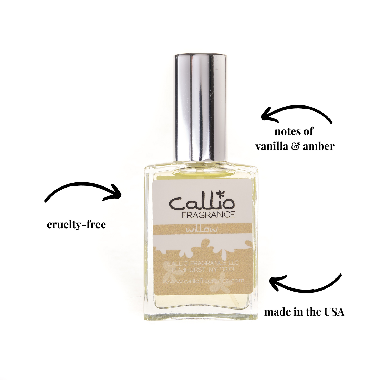 Image of a one-ounce bottle of Willow Perfume by Callio Fragrance featuring notes of vanilla and amber. It is cruelty-free and made in the USA.