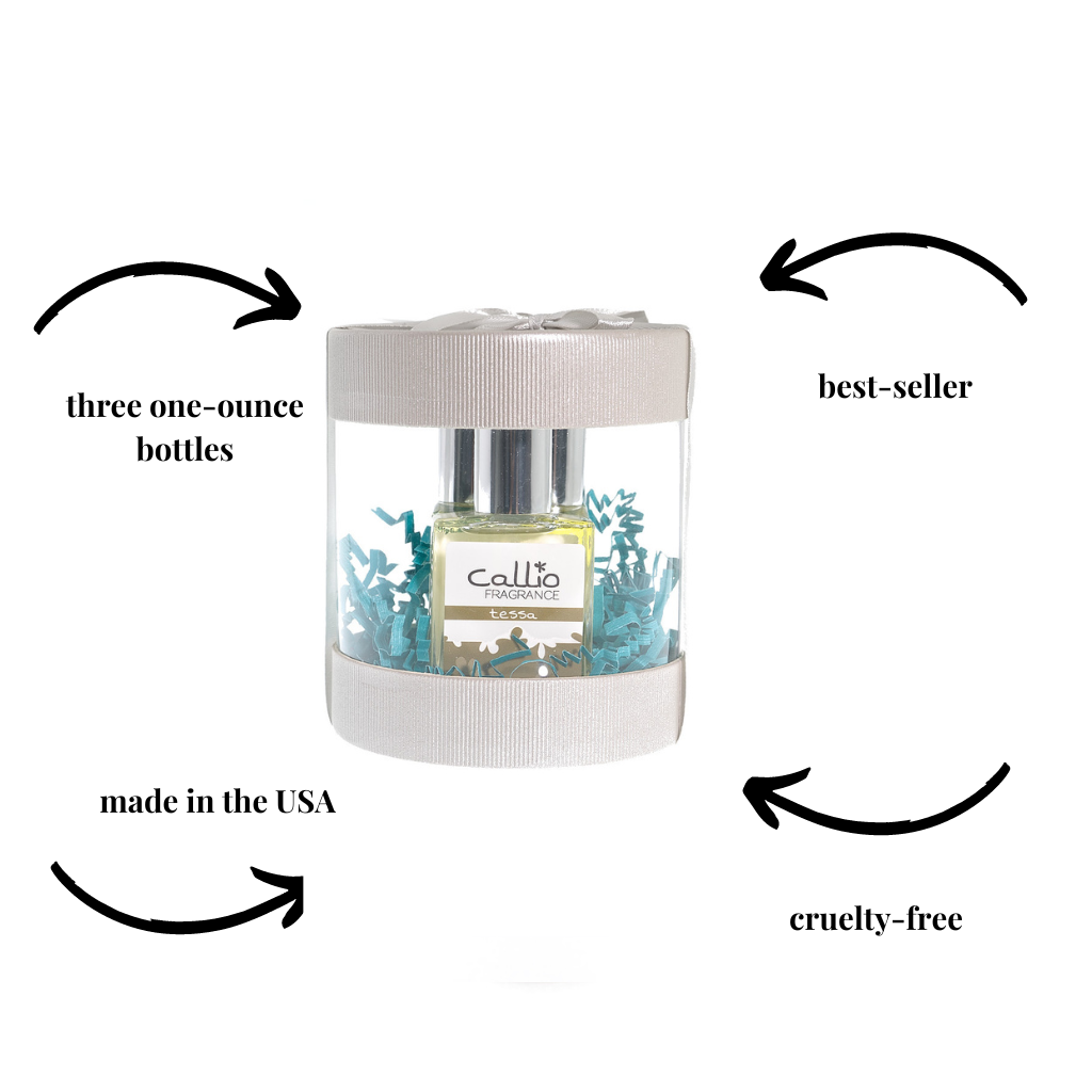 Image of Callio Fragrance Gift Set featuring three one-ounce bottles. It is cruelty-free and made in the USA.