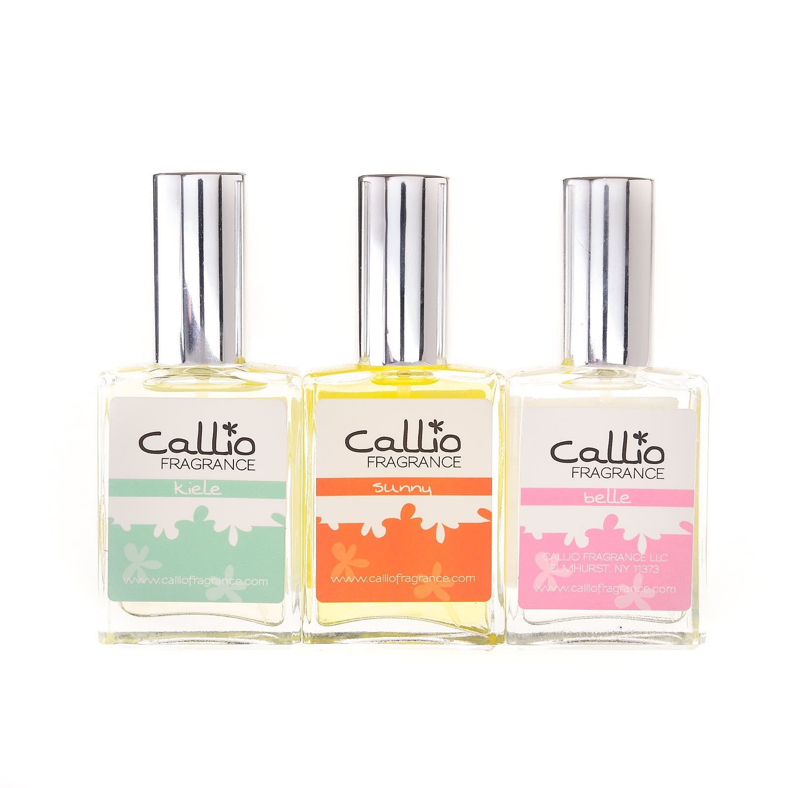 Image of Callio Fragrance Perfume Gift Set featuring three one-ounce bottles: Kiele, Belle, and Sunny.