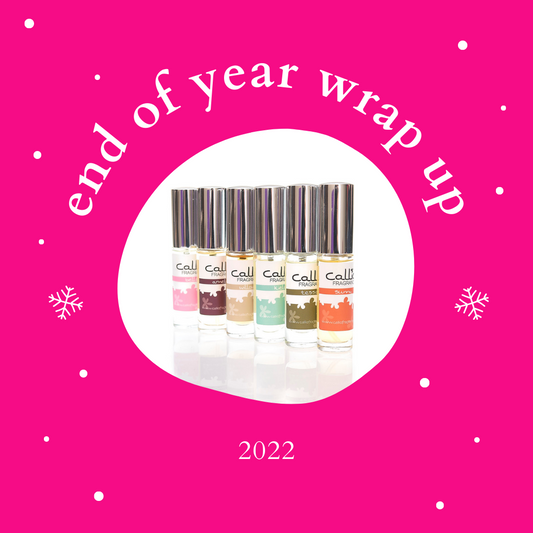 Bright pink background with end of year wrap 2022 written in white with six Callio Fragrance travel perfume sprays on a white background.