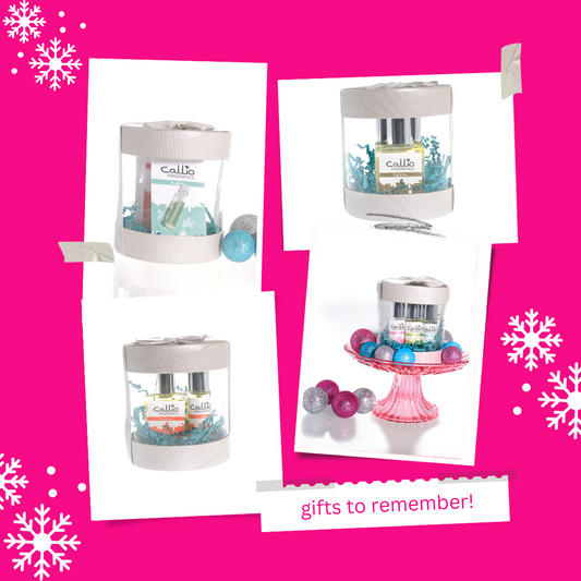 A collage of four Callio Fragrance gift sets on on pink background with snowflakes.