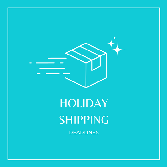 a teal background with a drawinf of a shipping box; the words holiday shipping deadlines are written in white.