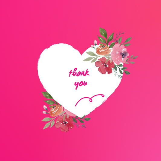A white heart with the words thank you written in pink with pink flowers surrounding the heart on a pink background.