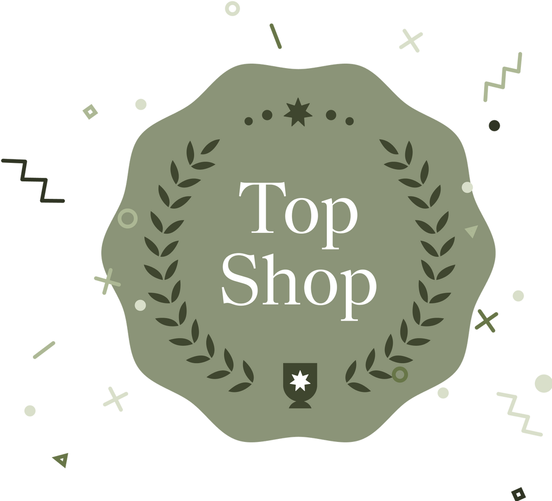 The words Top Shop on a green circle referring to an award on the wholesale platform, Faire.