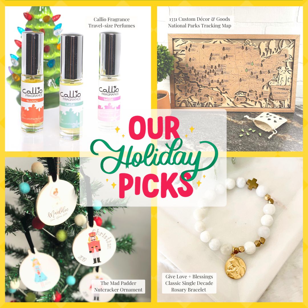 Collage of gifts picks for the holidays from small, women-owned businesses featuring The Mad Padder, Give Love + Blessings, 1331 Decor & Callio Fragrance.