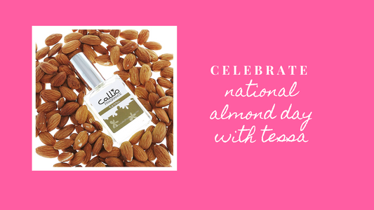 Tessa one-ounce perfume lying on a white background with almonds on a pink banner with the words "celebrate national almond day with tessa"