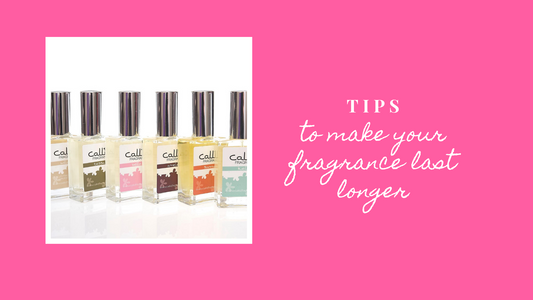 Bottles of Willow, Tessa, Belle, Amelia, Sunny and Kiele one-ounce perfumes on a white background on a pink design with the words, Tips to make your fragrance last longer