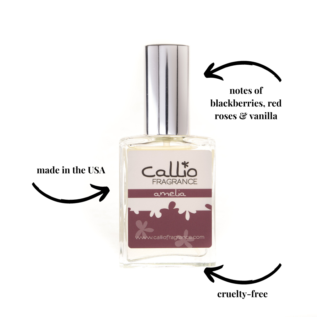 Image of  Amelia 1 oz Perfume by Callio Fragrance featuring notes of blackberry, rose, and vanilla. It is cruelty-free and made in the USA.