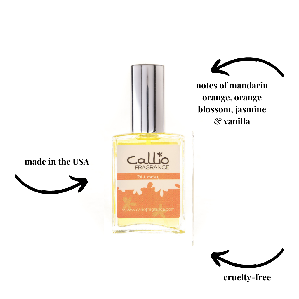 Image of one-ounce Sunny Perfume by Callio Fragrance featuring notes of mandarin orange, orange blossom, jasmine, and vanilla. It is cruelty-free and made in the USA.