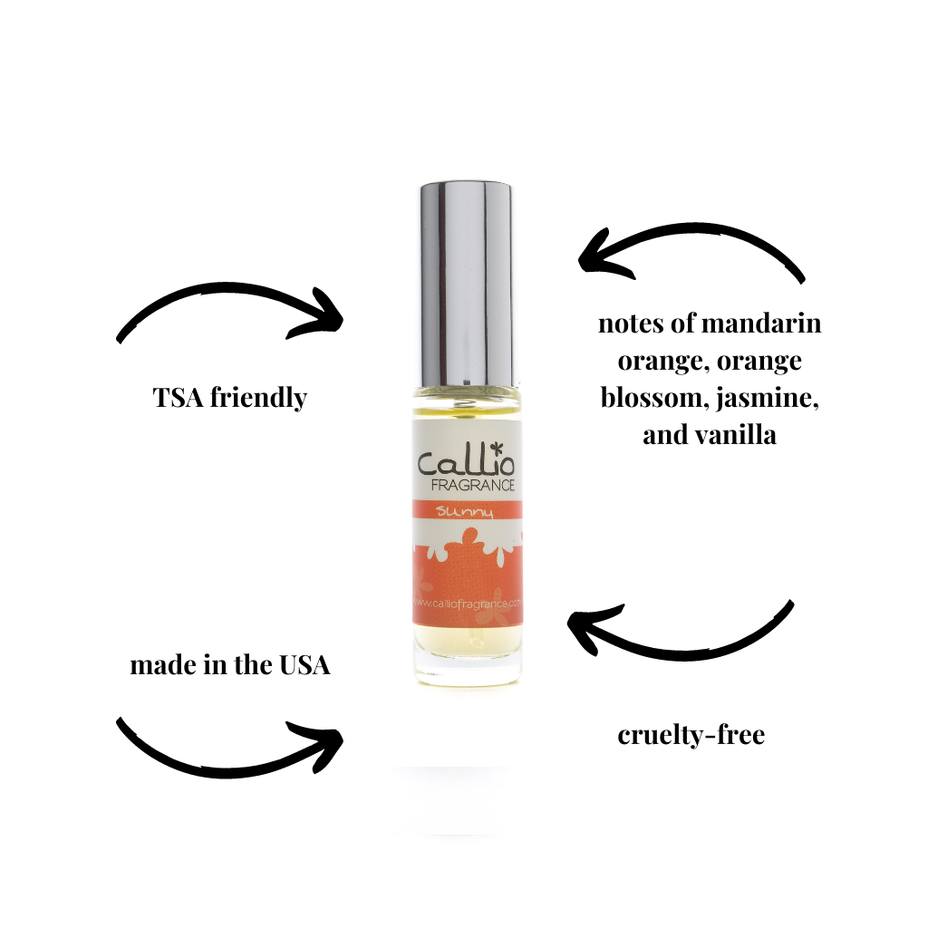 Image of Sunny Travel-Size Perfume by Callio Fragrance featuring notes of mandarin orange, orange blossom, jasmine, and vanilla. It is cruelty-free and made in the USA.