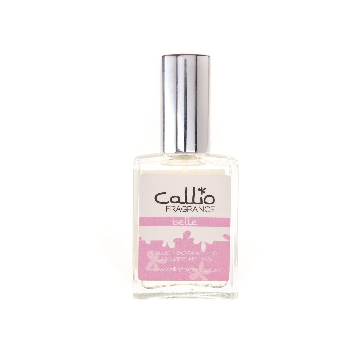 One ounce glass bottle of Belle perfume with a silver spray top on a white background.
