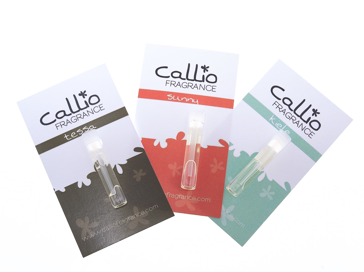 Sample vial cards from Callio Fragrance featuring Tessa, Sunny, and Kiele.